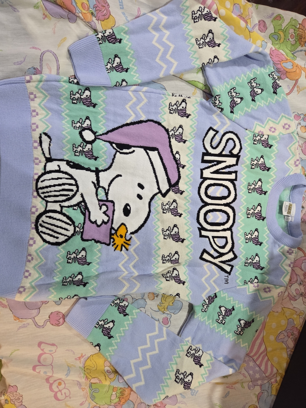 Snoopy Graphic Pullover Sweater in Pastel Lavender and Mint Small